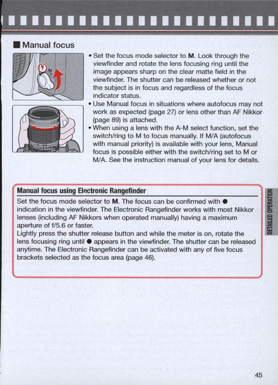 I manual focus, Manual focus using elnctronic rangefinder | Nikon n65 User Manual | Page 45 / 116