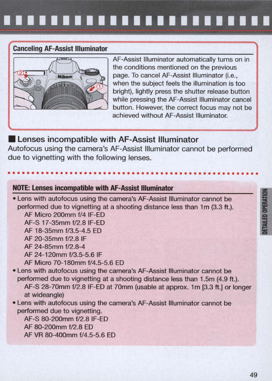 Canceling af-assist illuminator, Lenses incompatible with af-assist illuminator | Nikon n65 User Manual | Page 49 / 116