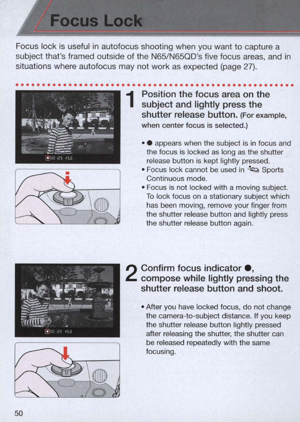 Focus lock | Nikon n65 User Manual | Page 50 / 116