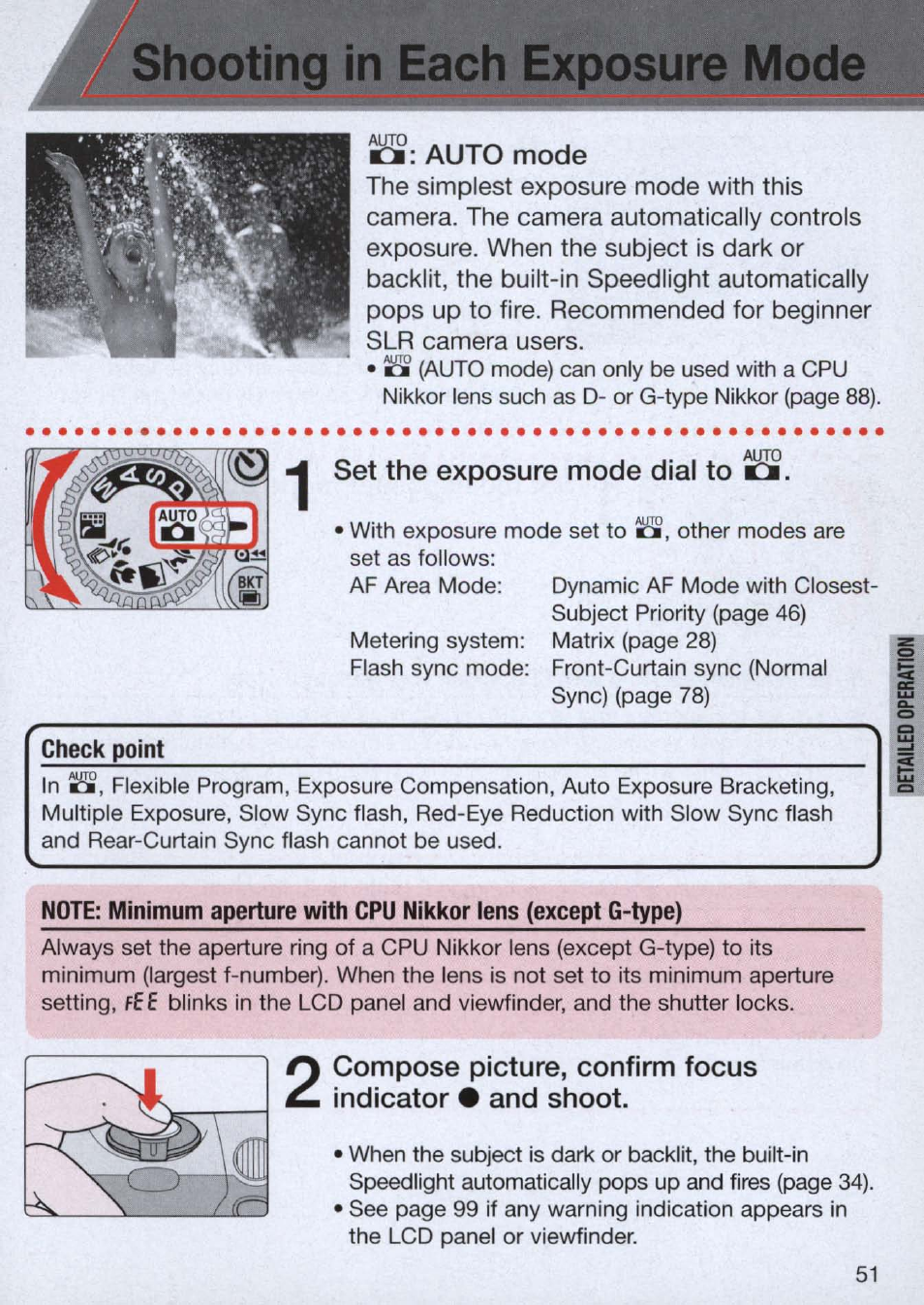 Kzi: auto mode, Set the exposure mode dial to ci, Check point | Shooting in each exposure mode | Nikon n65 User Manual | Page 51 / 116