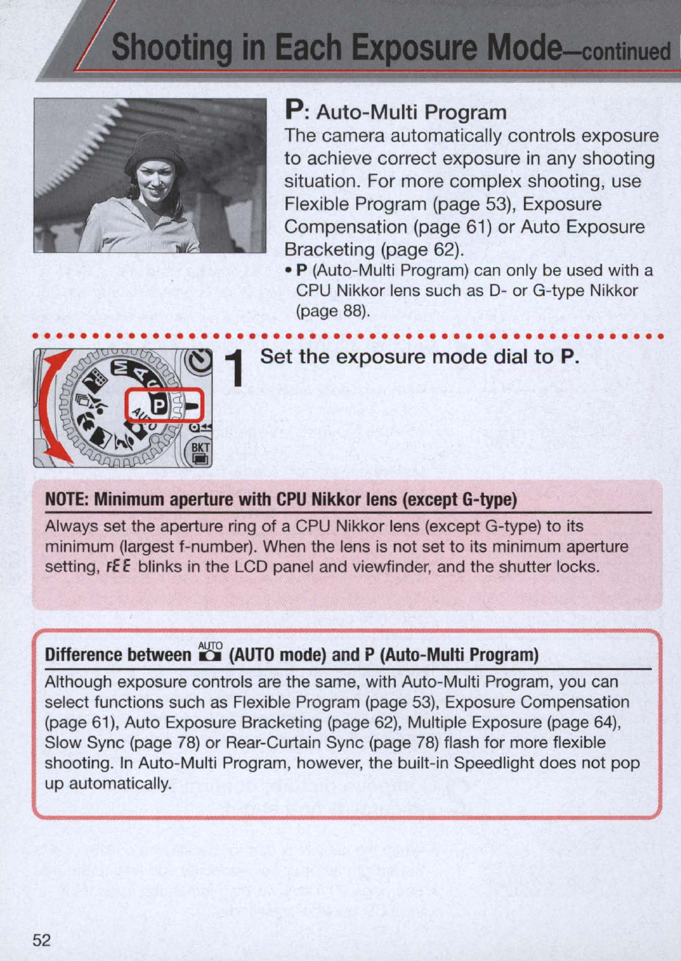 P: auto-multi program, Set the exposure mode dial to p, Shooting in each exposure | Nikon n65 User Manual | Page 52 / 116