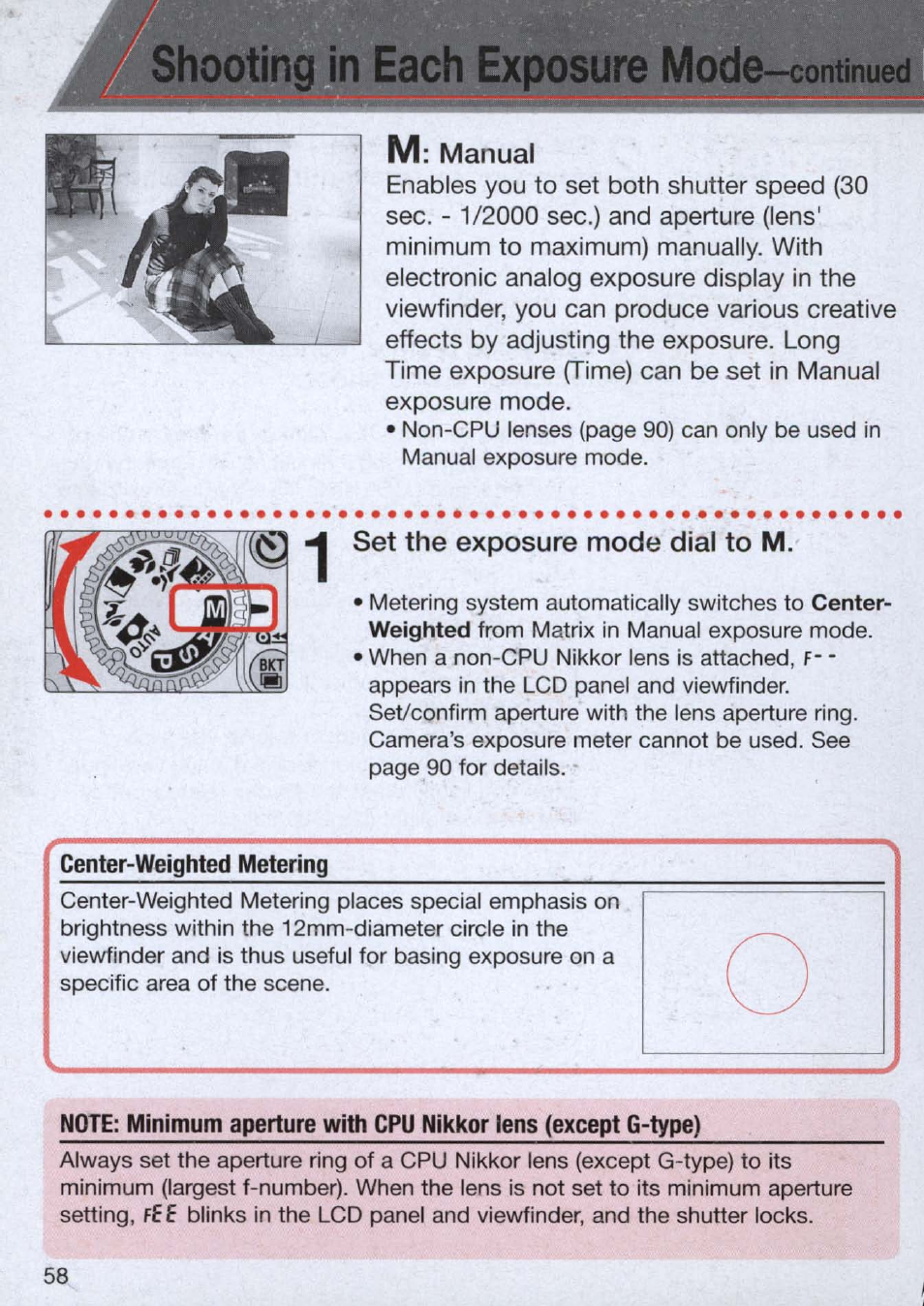 M: manual, Set the exposure mode dial to m, Shooting in each exposure | Nikon n65 User Manual | Page 58 / 116