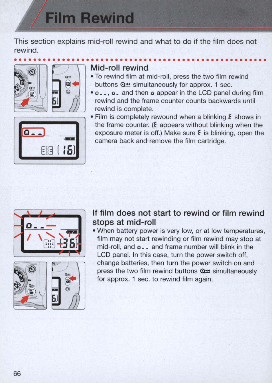 Film rewind, Mid-roll rewind, Eiii ( i s | Nikon n65 User Manual | Page 66 / 116