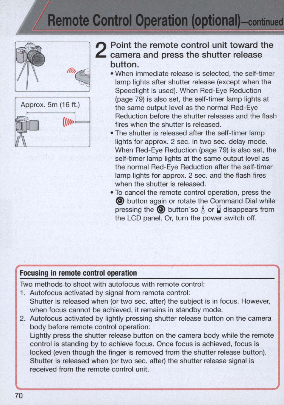 Focusing in remote control operation, Optional)-continued, Remote control operation | Nikon n65 User Manual | Page 70 / 116