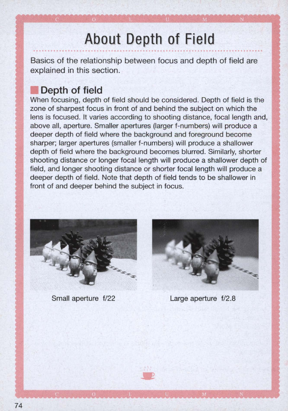 About depth of field, Depth of field | Nikon n65 User Manual | Page 74 / 116