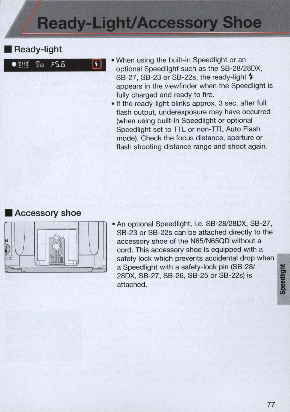 Ready-light/accessory shoe, I ready-light, I accessory shoe | Nikon n65 User Manual | Page 77 / 116