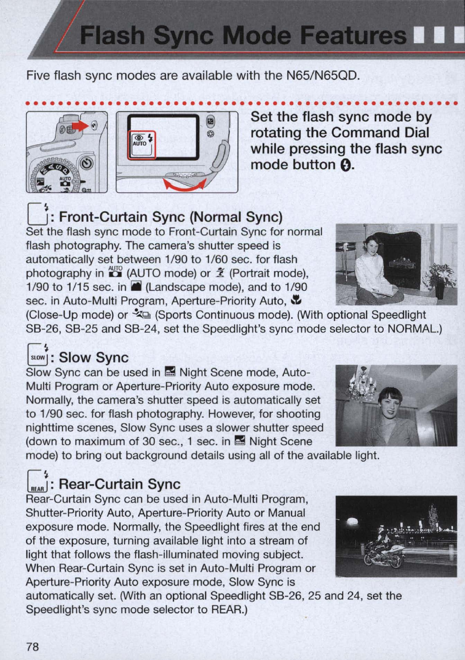 Flash sync mode featj, Flash sync mode features -79, J: slow sync | Q: rear-curtain sync | Nikon n65 User Manual | Page 78 / 116