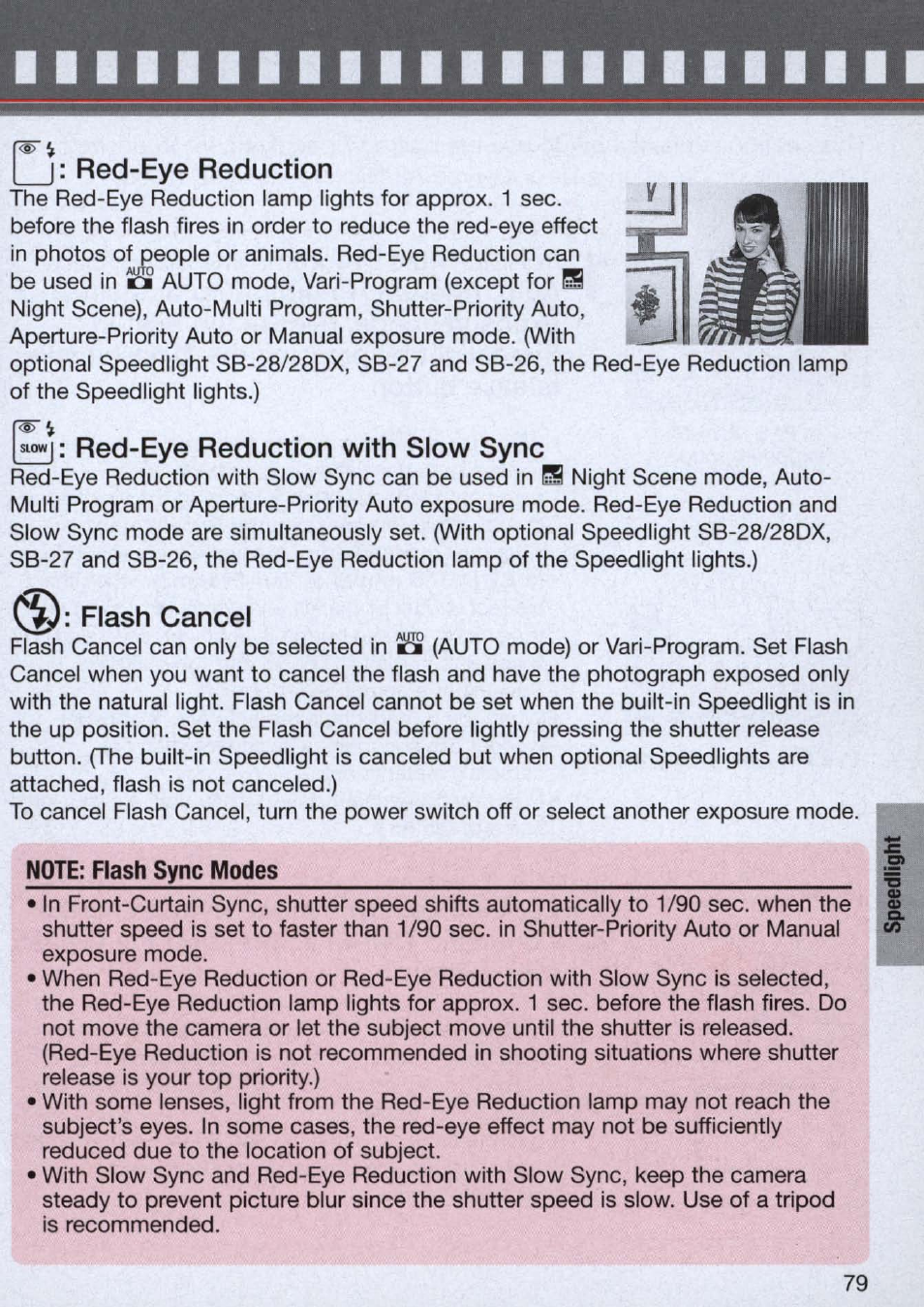 I |: red-eye reduction, Q: red-eye reduction with slow sync, Flash cancel | Note: flash sync modes, Red-eye reduction | Nikon n65 User Manual | Page 79 / 116