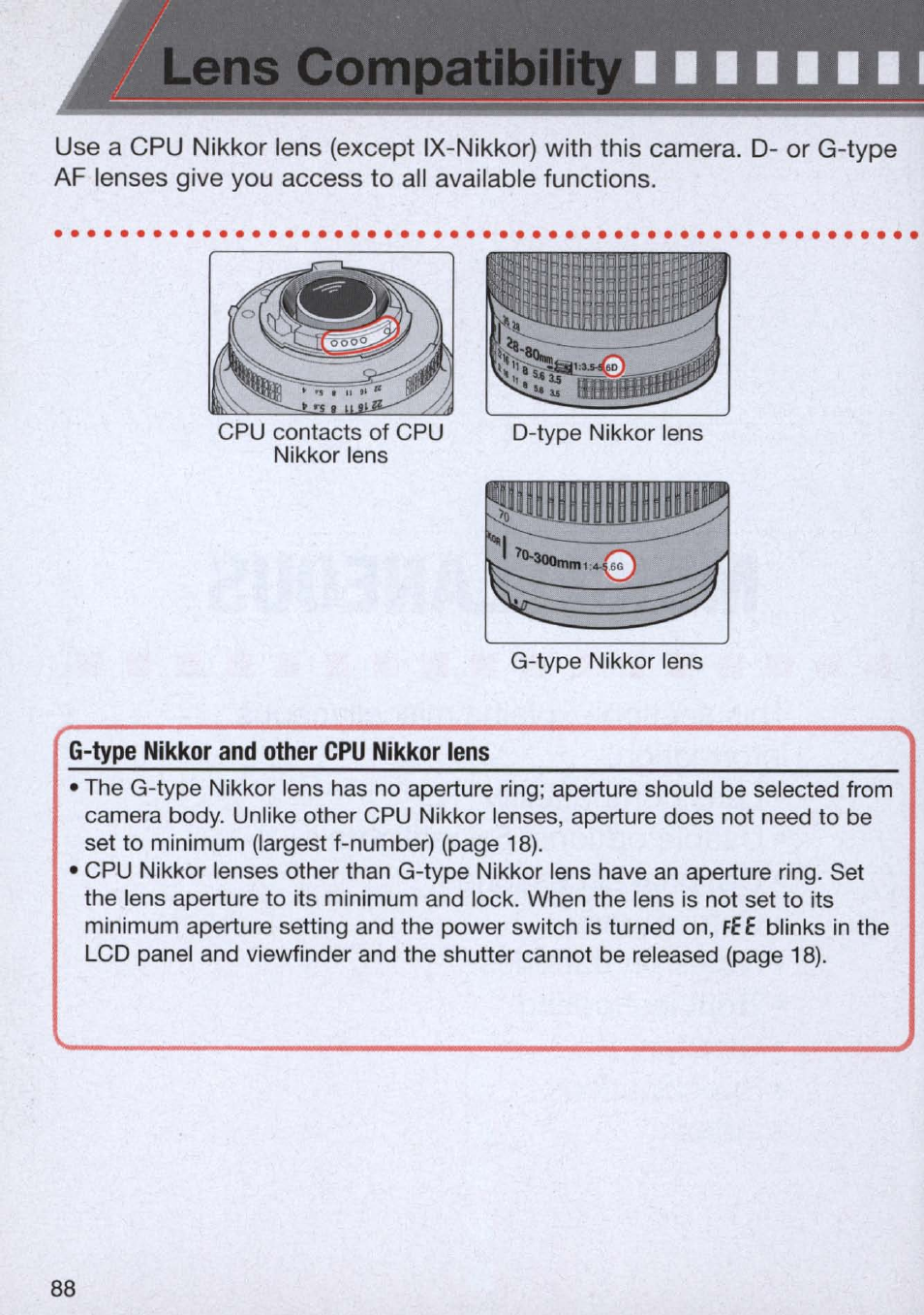 Lens compatibility, G-type nikkor and other cpu nikkor lens, Lens compatibility -90 | Nikon n65 User Manual | Page 88 / 116