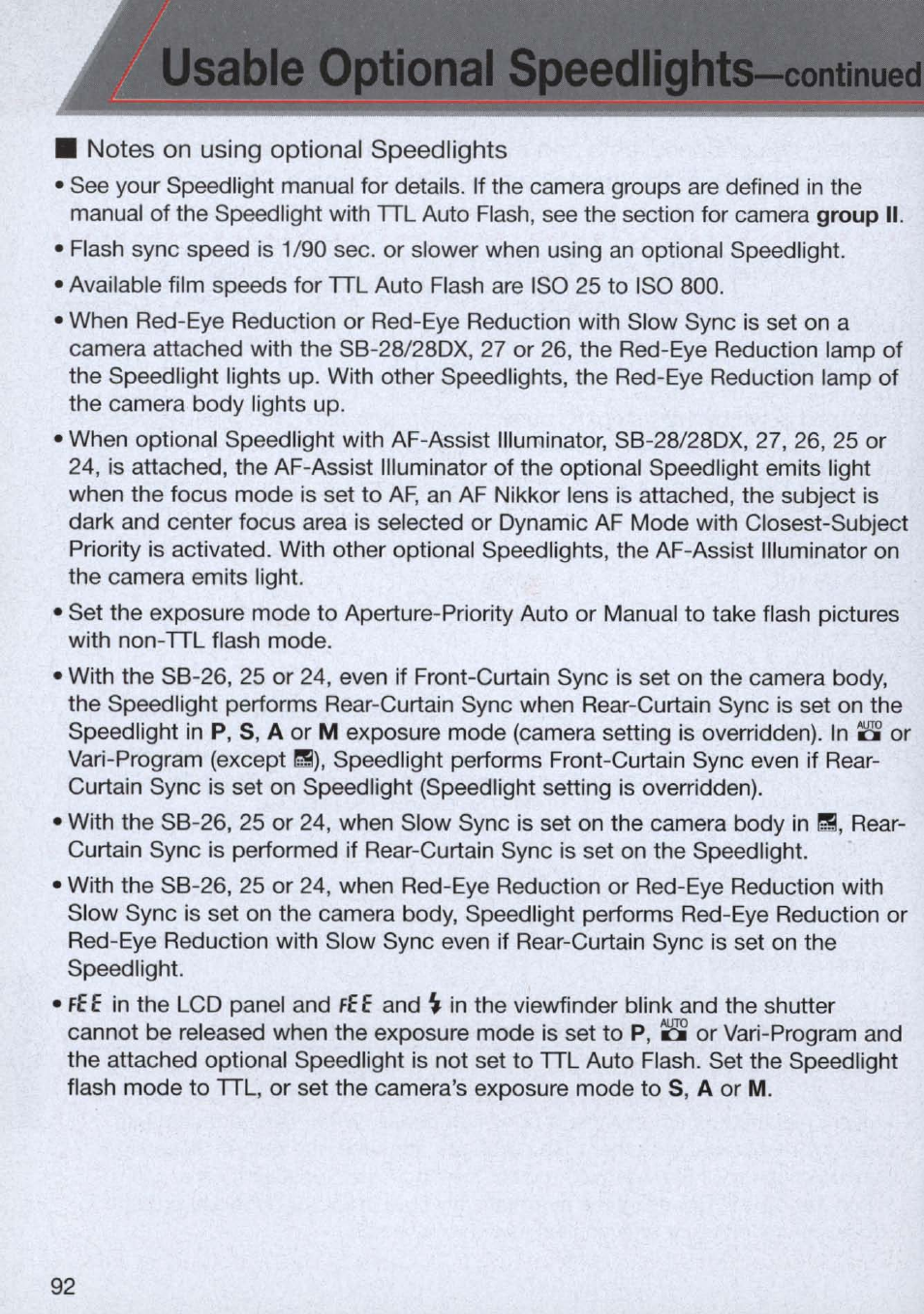 Notes on using optional speedlights, Usable optional speedlights-continued | Nikon n65 User Manual | Page 92 / 116