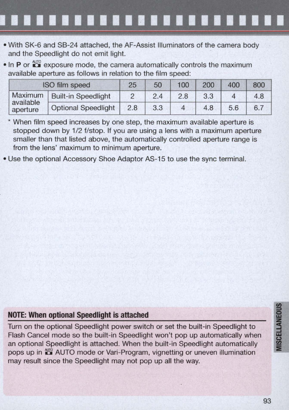 Note: when optional speedlight is attached | Nikon n65 User Manual | Page 93 / 116