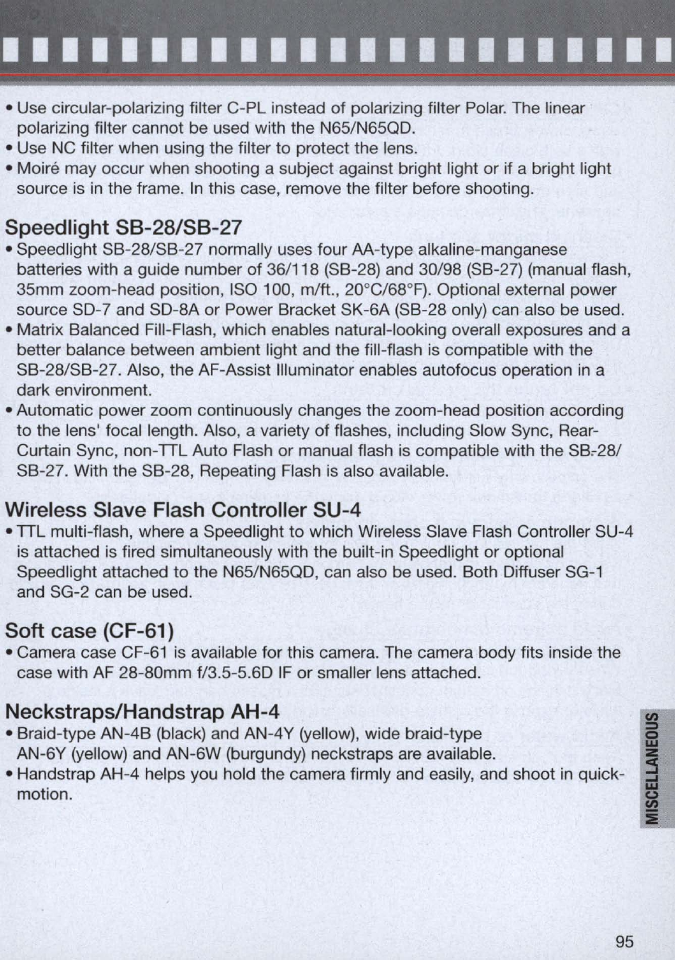 Speedlight sb-28/sb-27, Wireless slave flash controller su-4, Soft case (cf-61 ) | Neckstraps/handstrap ah-4 | Nikon n65 User Manual | Page 95 / 116