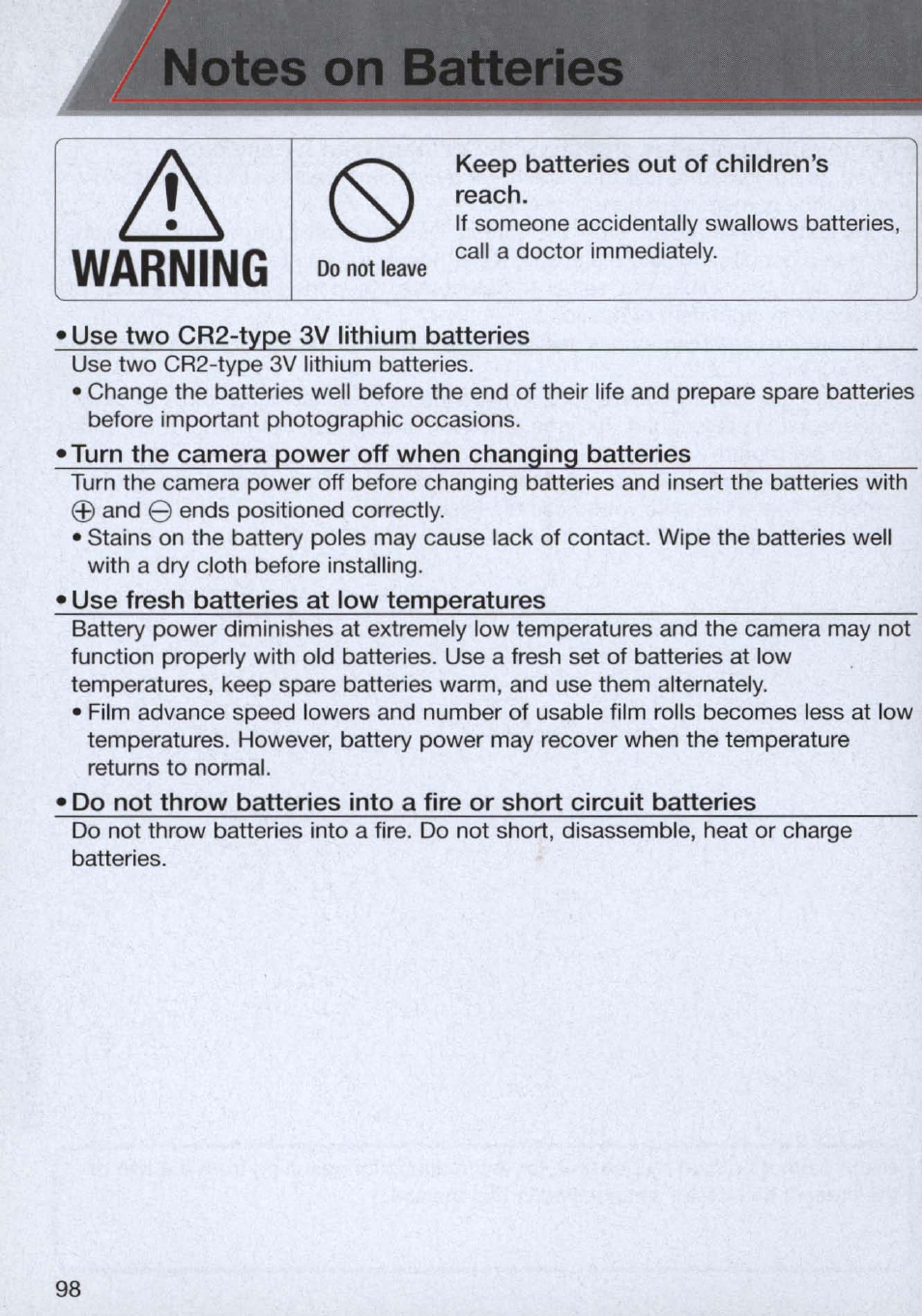 Notes on batteries, Use fresh batteries at low temperatures, Warning | Nikon n65 User Manual | Page 98 / 116