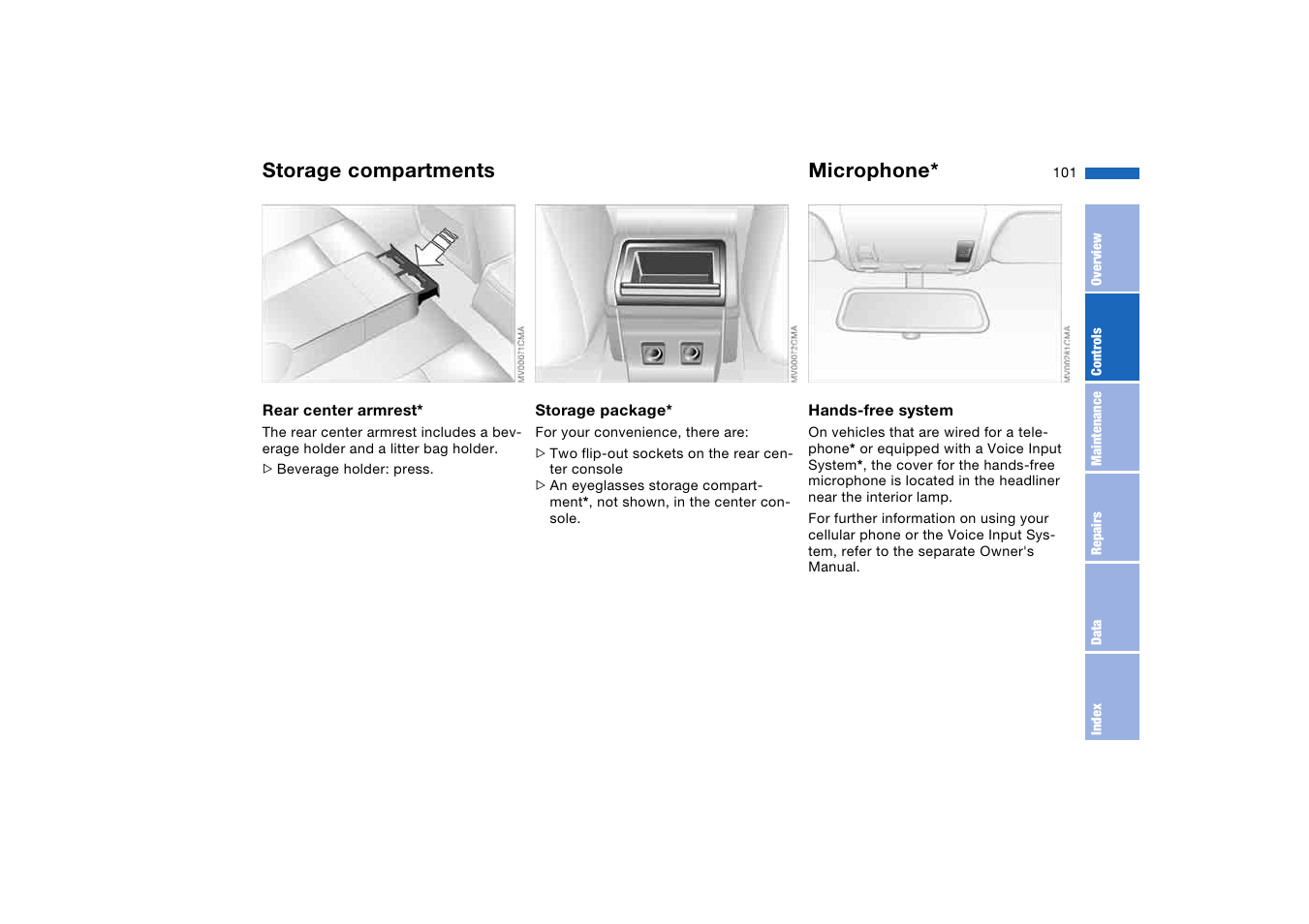 Microphone, Storage compartments | BMW 2006 bmw 325i User Manual | Page 101 / 174