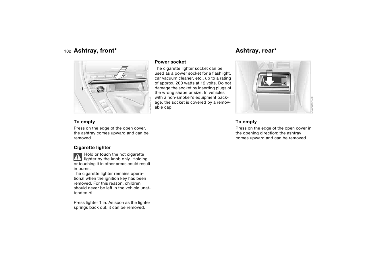 Ashtray, front, Ashtray, rear | BMW 2006 bmw 325i User Manual | Page 102 / 174