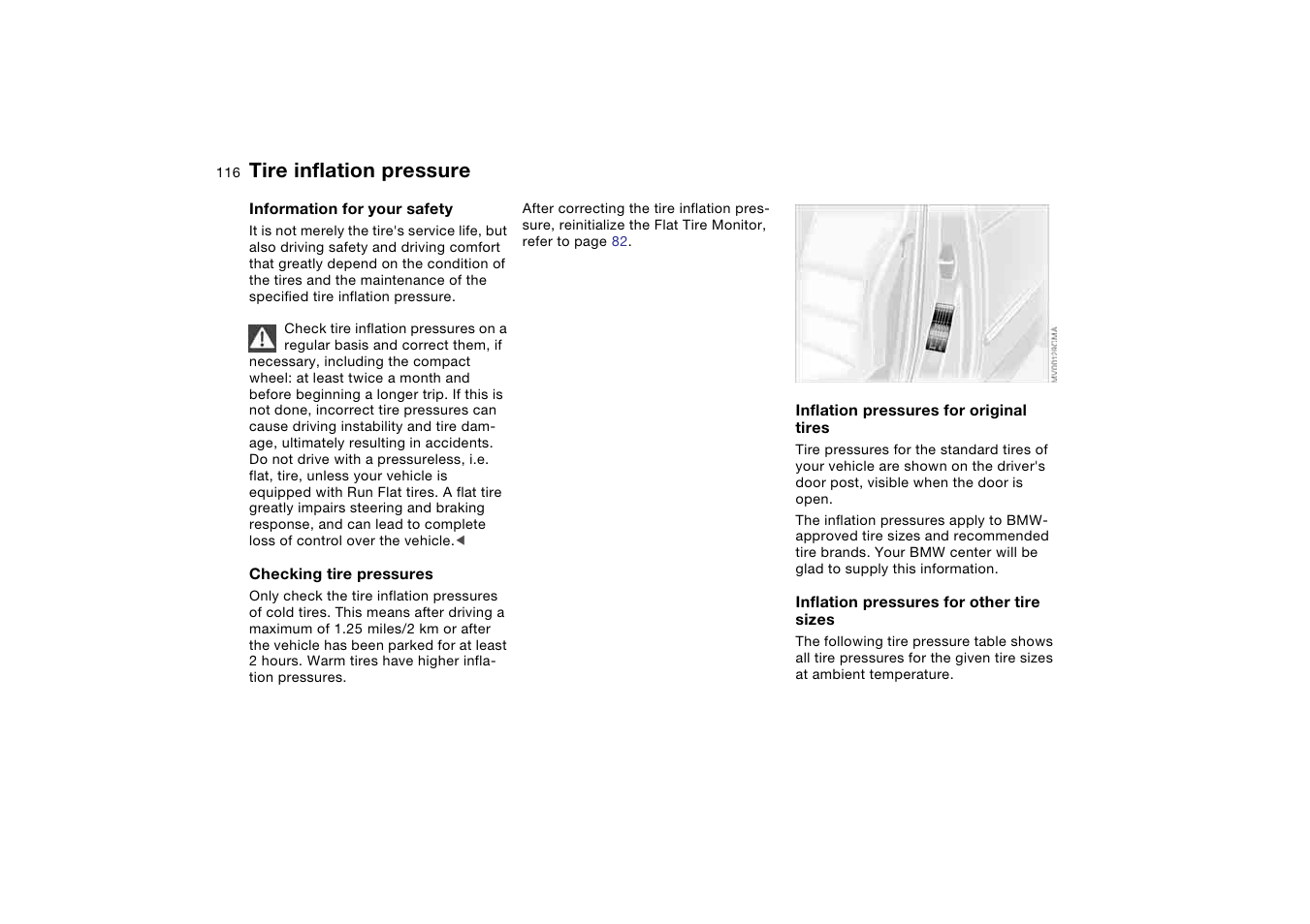 Wheels and tires, Tire inflation pressure | BMW 2006 bmw 325i User Manual | Page 116 / 174