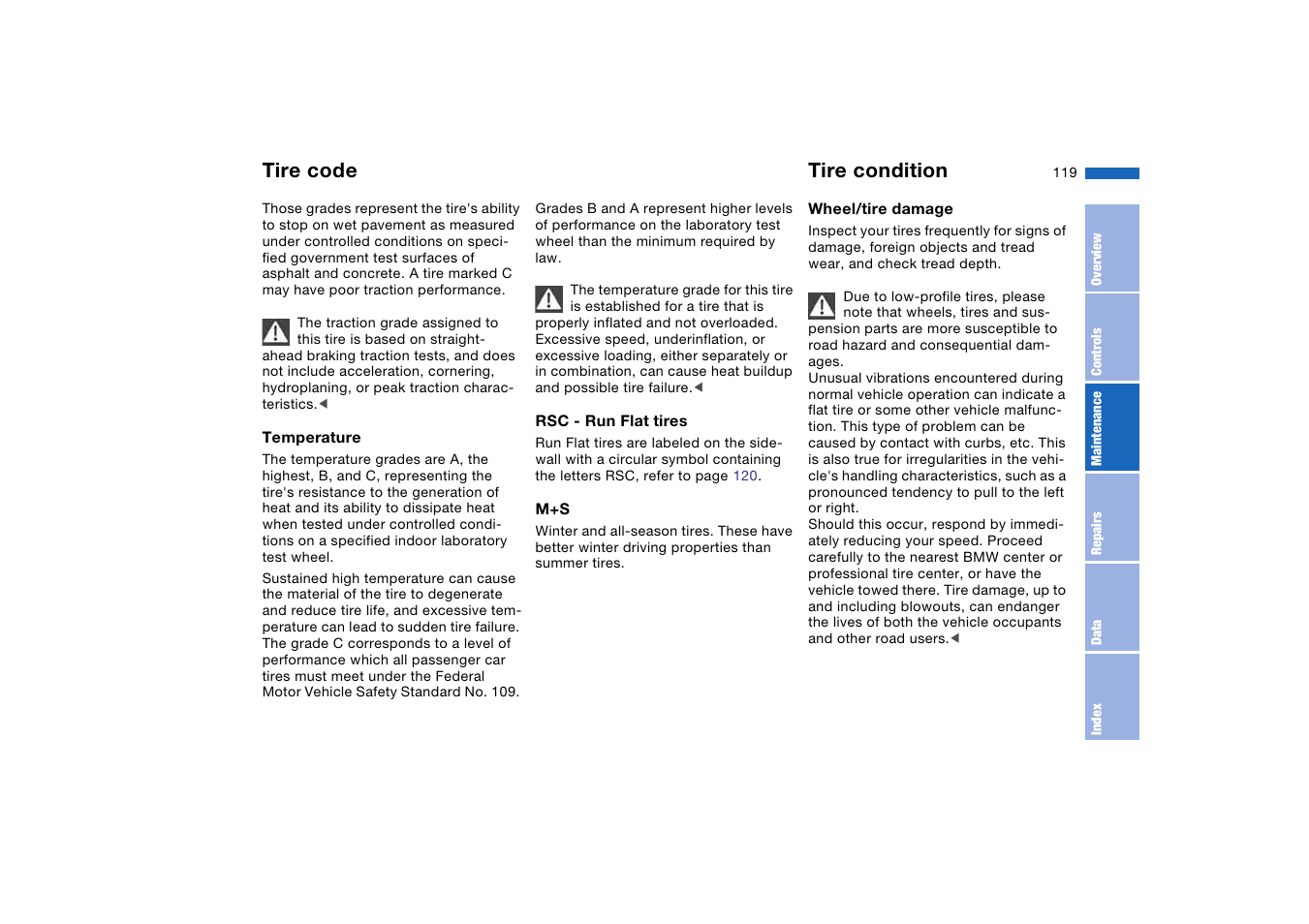 Tire condition, Tire code | BMW 2006 bmw 325i User Manual | Page 119 / 174