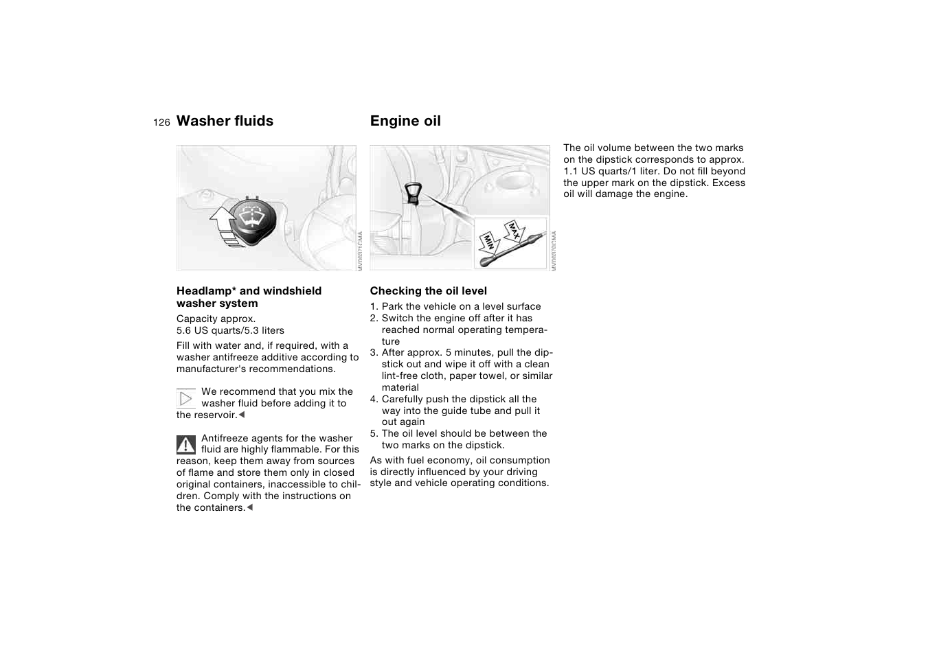 Washer fluids, Engine oil | BMW 2006 bmw 325i User Manual | Page 126 / 174