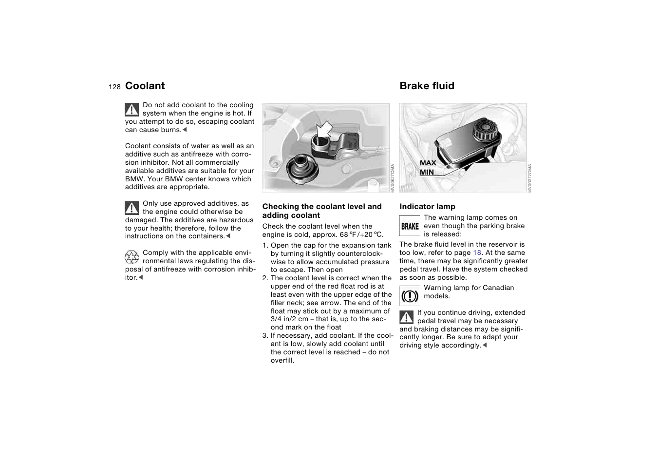 Coolant, Brake fluid, Before driving on | Brake fluid reservoir | BMW 2006 bmw 325i User Manual | Page 128 / 174