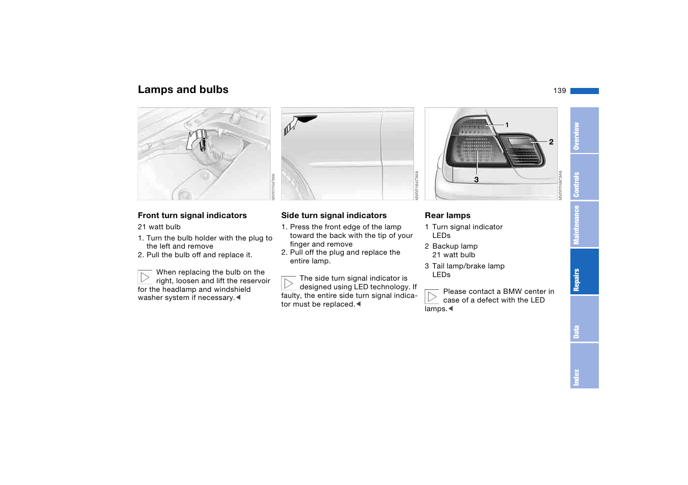 Lamps and bulbs | BMW 2006 bmw 325i User Manual | Page 139 / 174