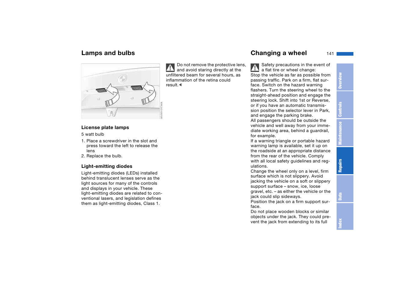 Changing a wheel, Lamps and bulbs | BMW 2006 bmw 325i User Manual | Page 141 / 174