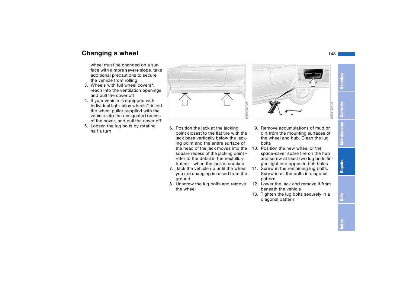 Changing a wheel | BMW 2006 bmw 325i User Manual | Page 143 / 174