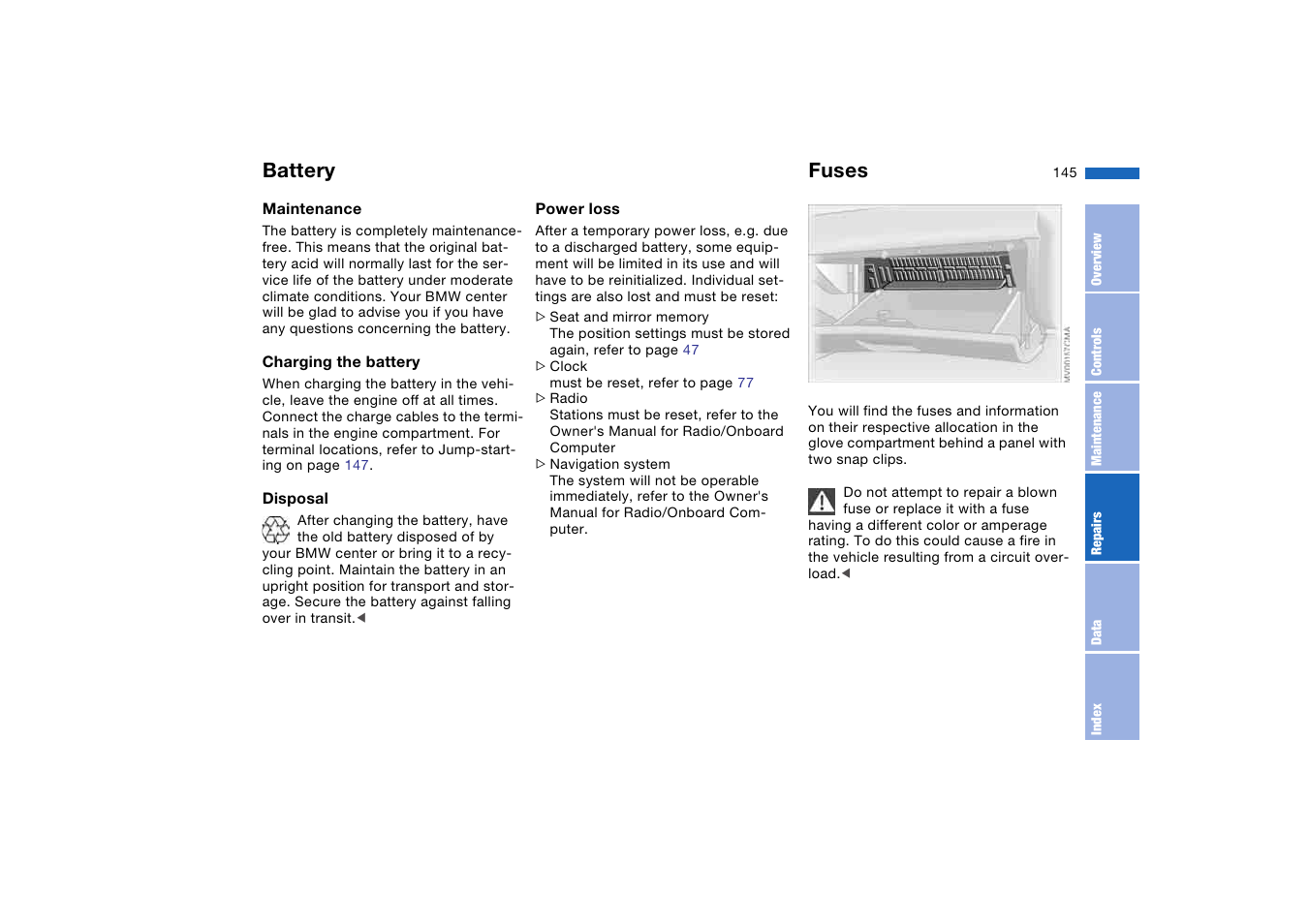 Battery, Fuses | BMW 2006 bmw 325i User Manual | Page 145 / 174