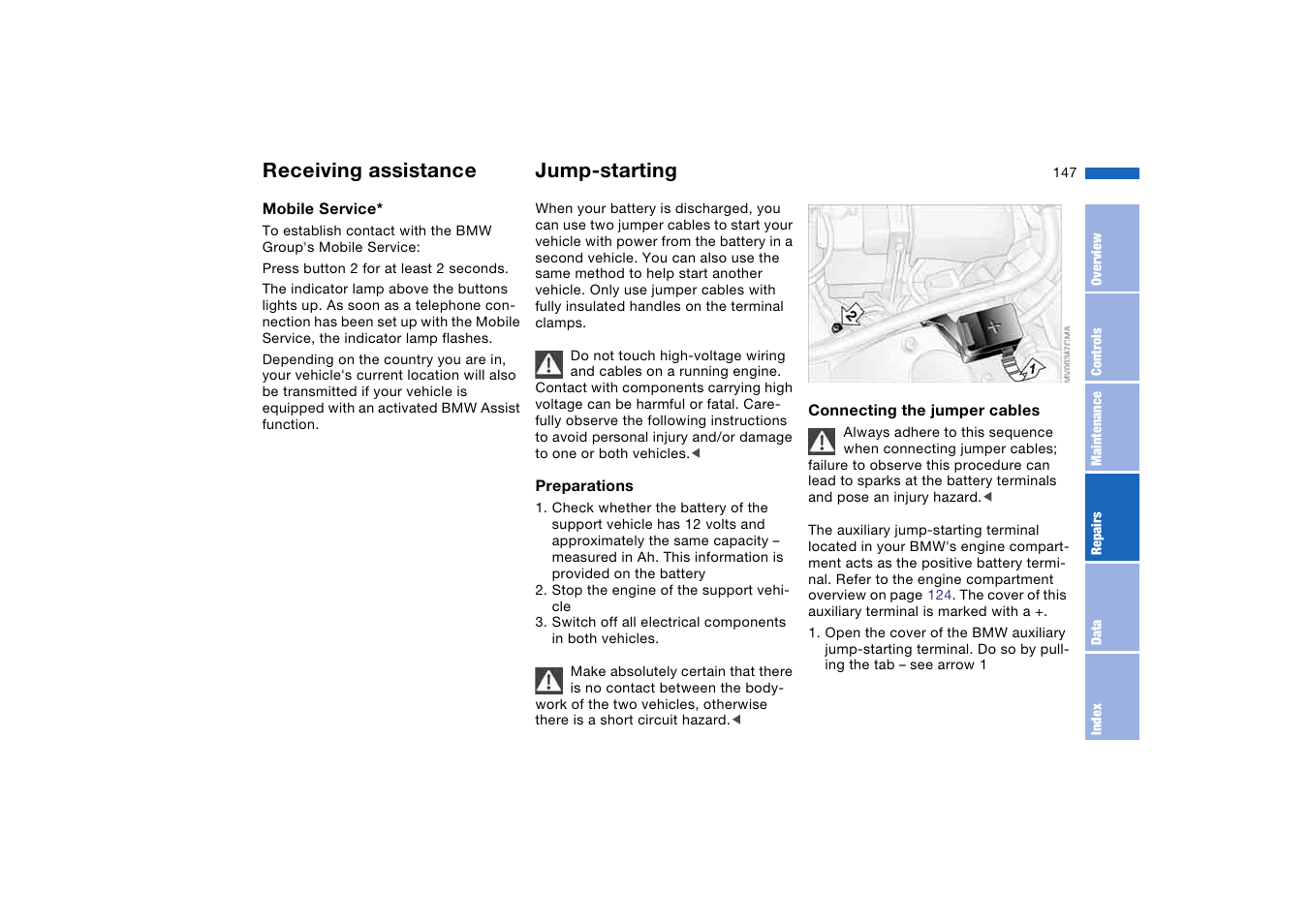 Jump-starting, Mobile service, Receiving assistance | BMW 2006 bmw 325i User Manual | Page 147 / 174