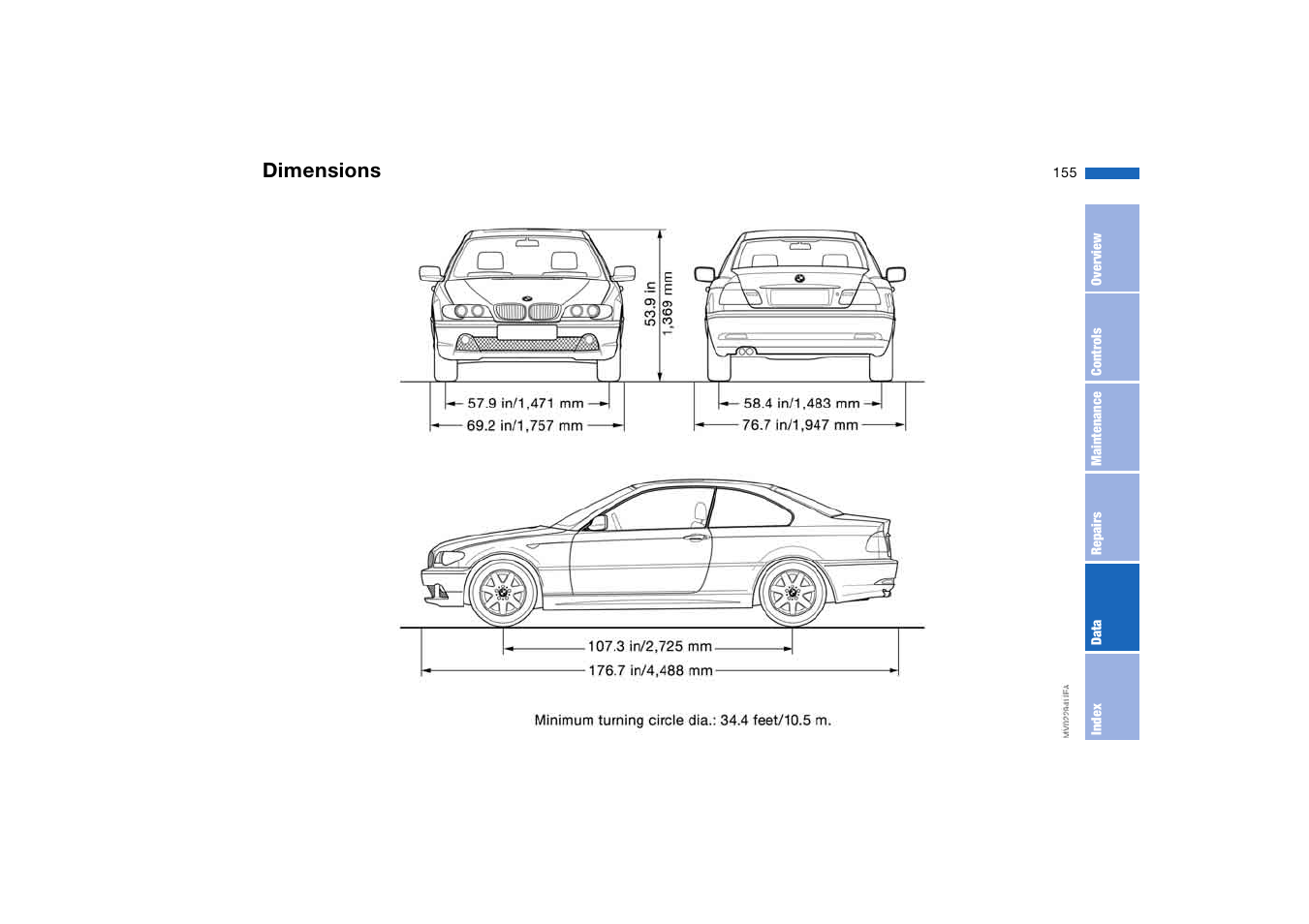 Dimensions | BMW 2006 bmw 325i User Manual | Page 155 / 174