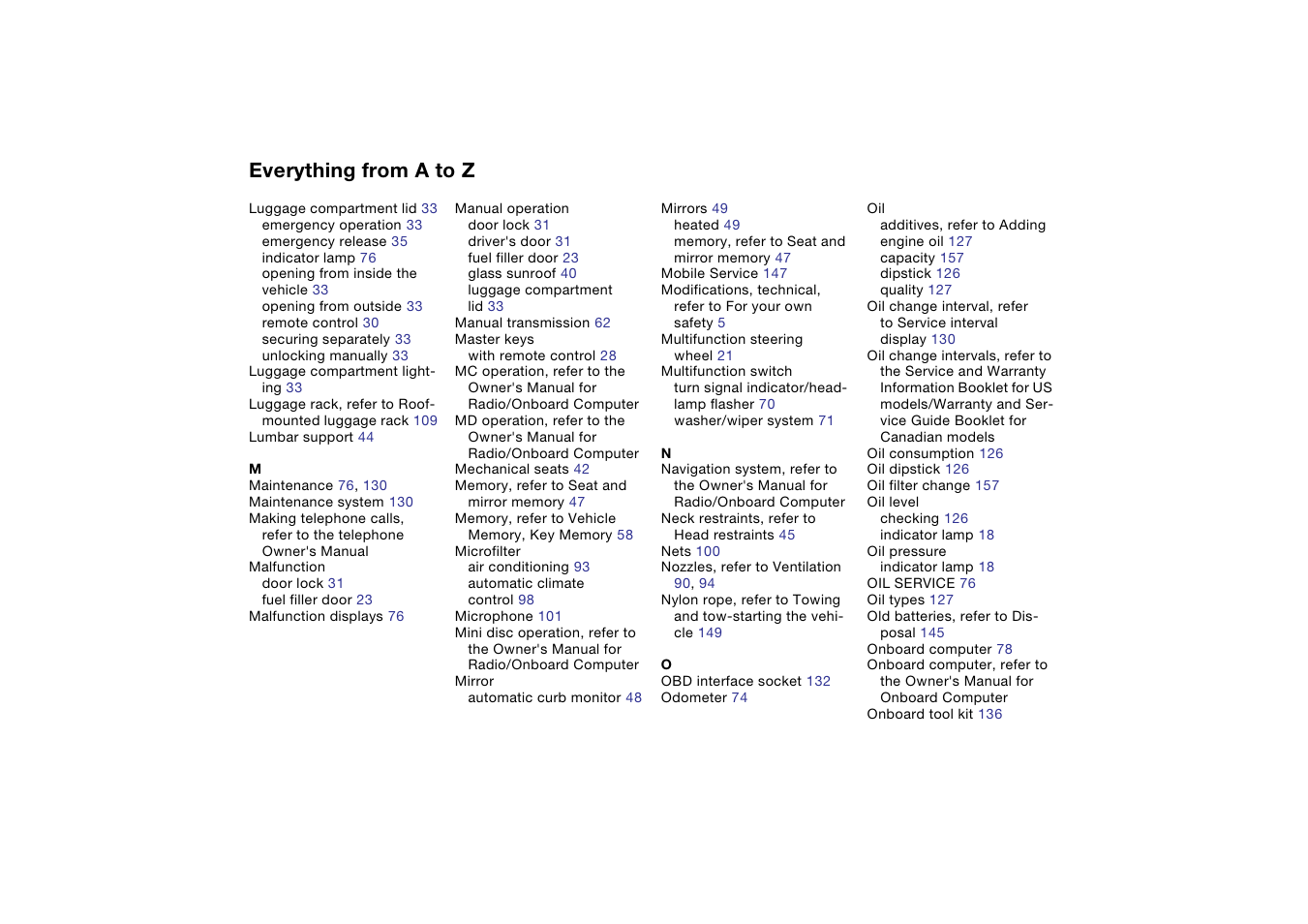 Everything from a to z | BMW 2006 bmw 325i User Manual | Page 166 / 174