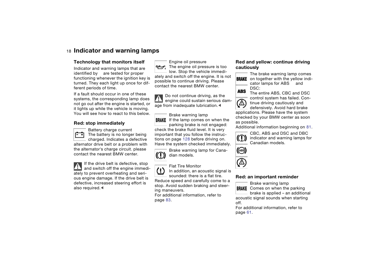 Indicator and warning lamps | BMW 2006 bmw 325i User Manual | Page 18 / 174