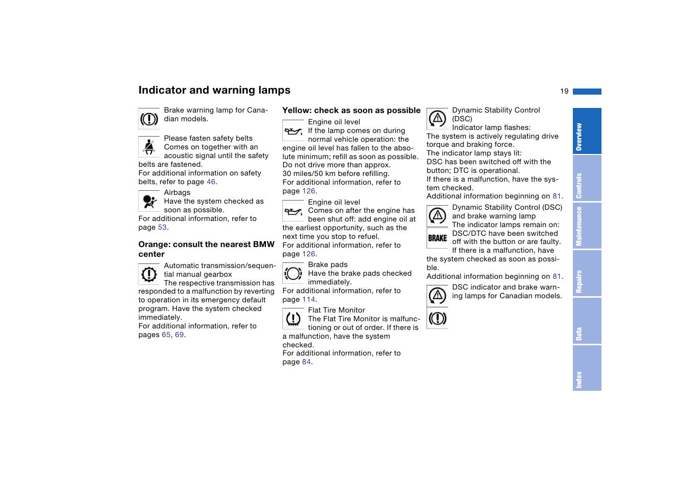 Indicator and warning lamps | BMW 2006 bmw 325i User Manual | Page 19 / 174