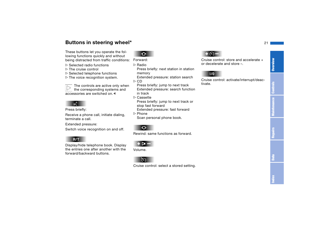 Buttons in steering wheel | BMW 2006 bmw 325i User Manual | Page 21 / 174