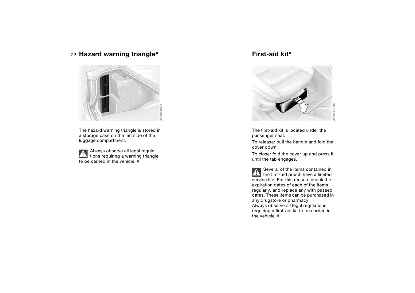 Hazard warning triangle, First-aid kit | BMW 2006 bmw 325i User Manual | Page 22 / 174