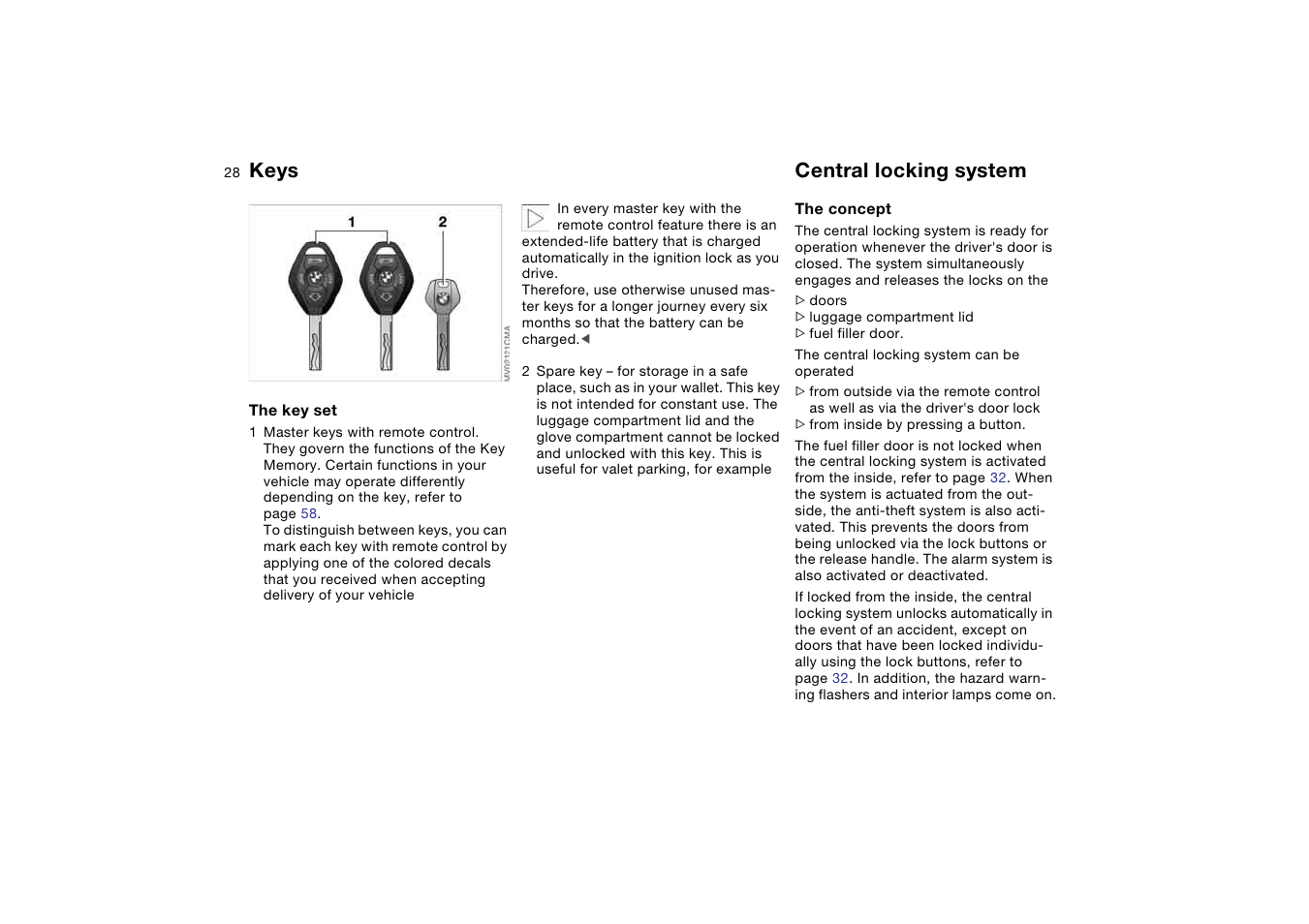 Opening and closing, Keys, Central locking system | BMW 2006 bmw 325i User Manual | Page 28 / 174