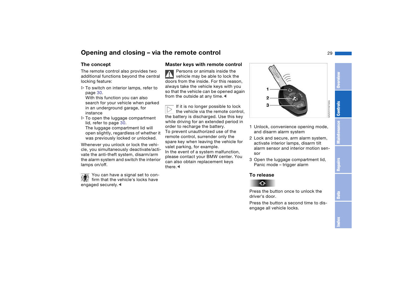 Opening and closing – via the remote control, Opening and closing – via the, Remote control | BMW 2006 bmw 325i User Manual | Page 29 / 174