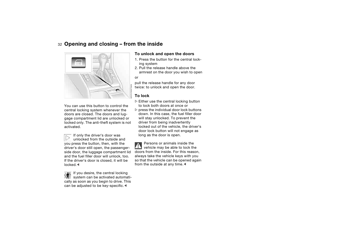 Opening and closing – from the inside, Opening and closing – from the, Inside | BMW 2006 bmw 325i User Manual | Page 32 / 174