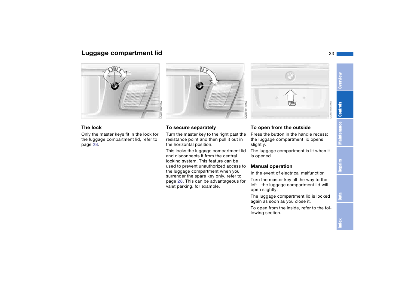 Luggage compartment lid | BMW 2006 bmw 325i User Manual | Page 33 / 174