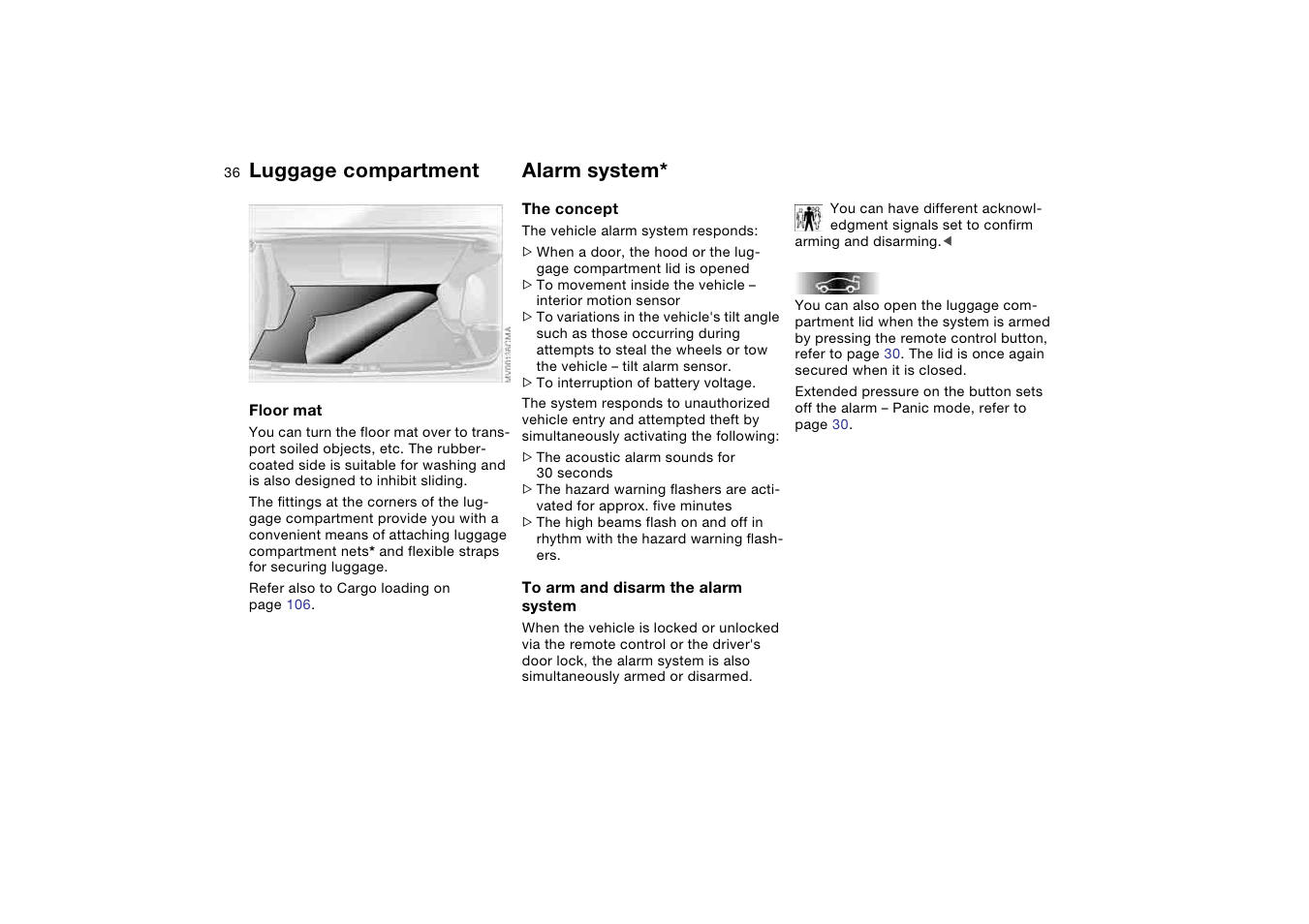 Alarm system, Luggage compartment | BMW 2006 bmw 325i User Manual | Page 36 / 174