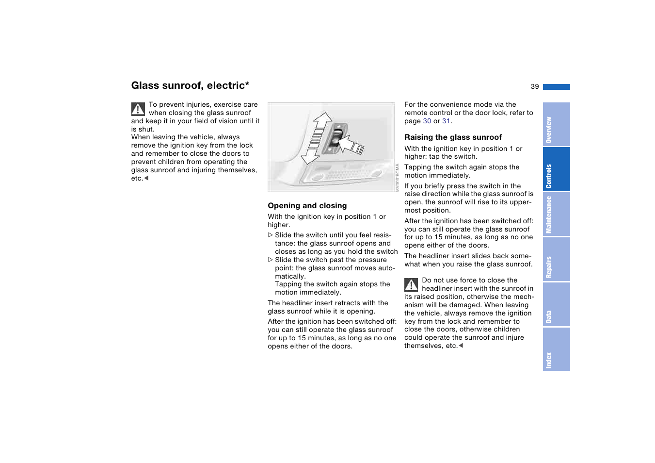 Glass sunroof, electric | BMW 2006 bmw 325i User Manual | Page 39 / 174