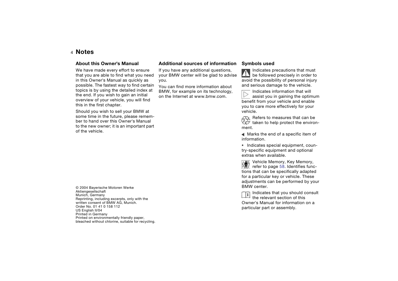 Notes, Additional sources of information, Symbols used | BMW 2006 bmw 325i User Manual | Page 4 / 174