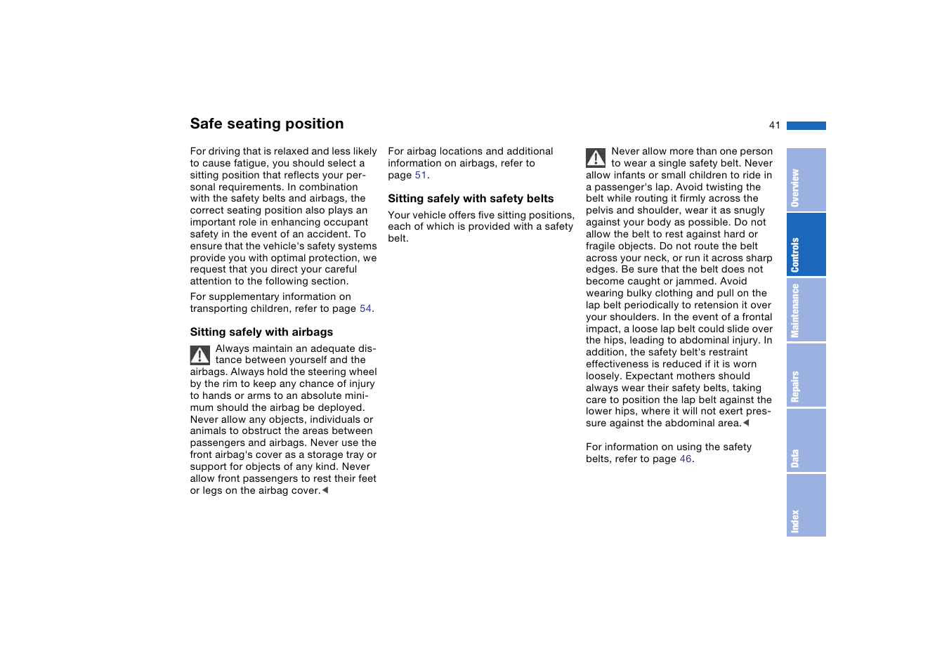 Adjustments, Safe seating position | BMW 2006 bmw 325i User Manual | Page 41 / 174