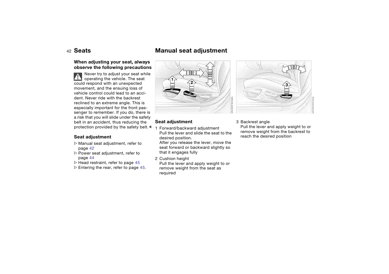 Seats, Manual seat adjustment | BMW 2006 bmw 325i User Manual | Page 42 / 174