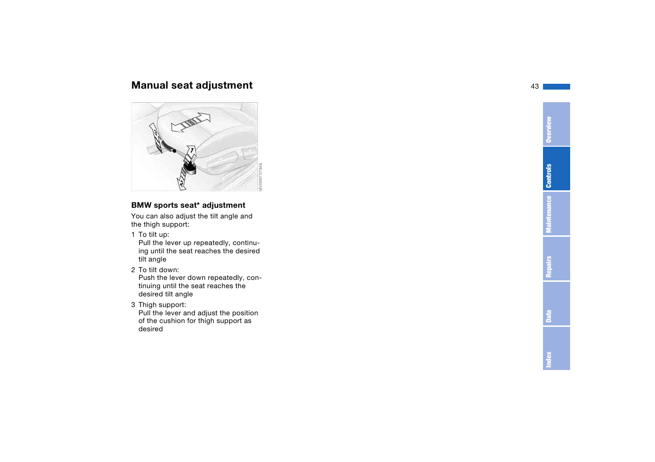 Manual seat adjustment | BMW 2006 bmw 325i User Manual | Page 43 / 174