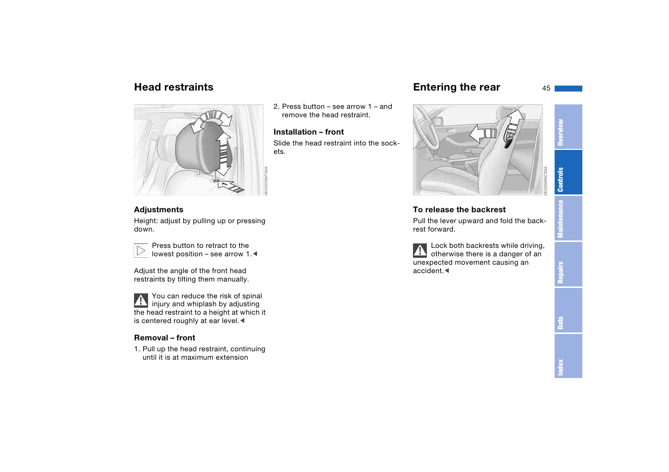 Head restraints, Entering the rear | BMW 2006 bmw 325i User Manual | Page 45 / 174