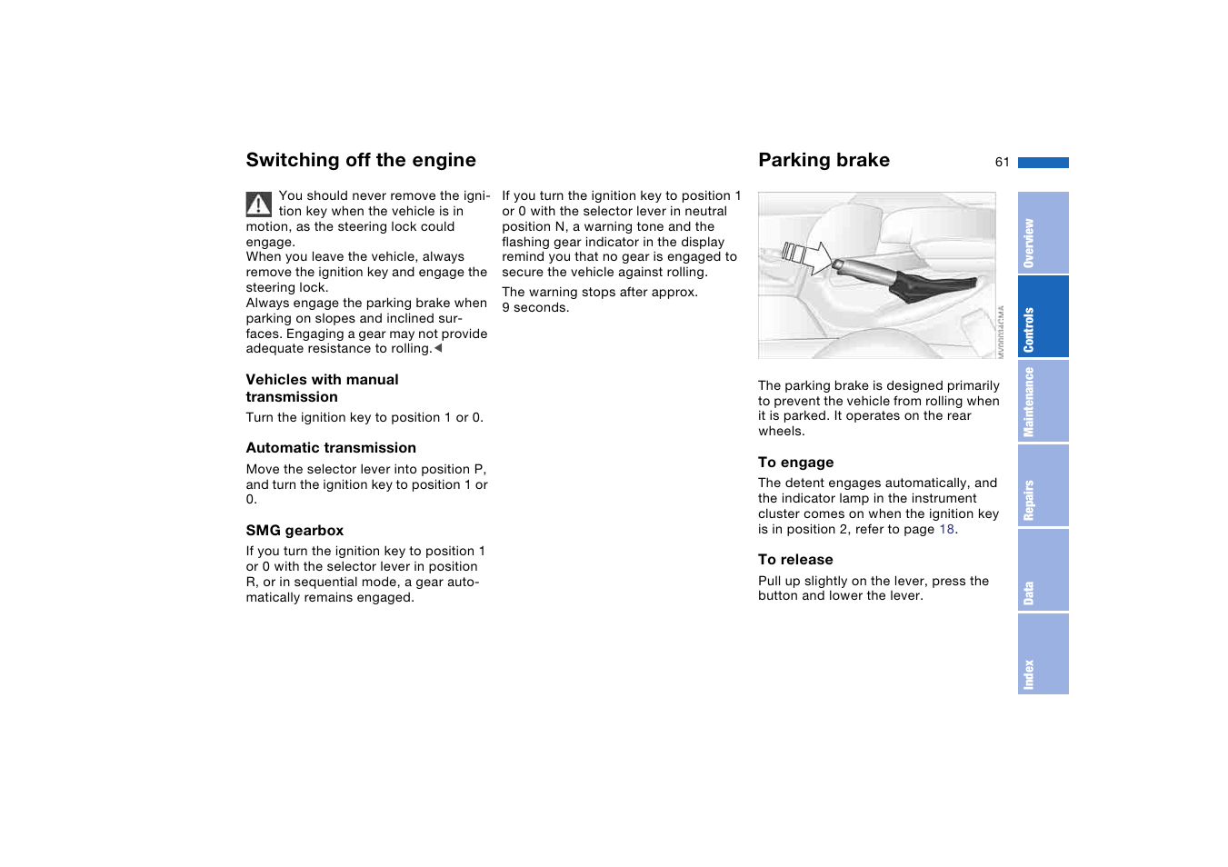 Switching off the engine, Parking brake | BMW 2006 bmw 325i User Manual | Page 61 / 174