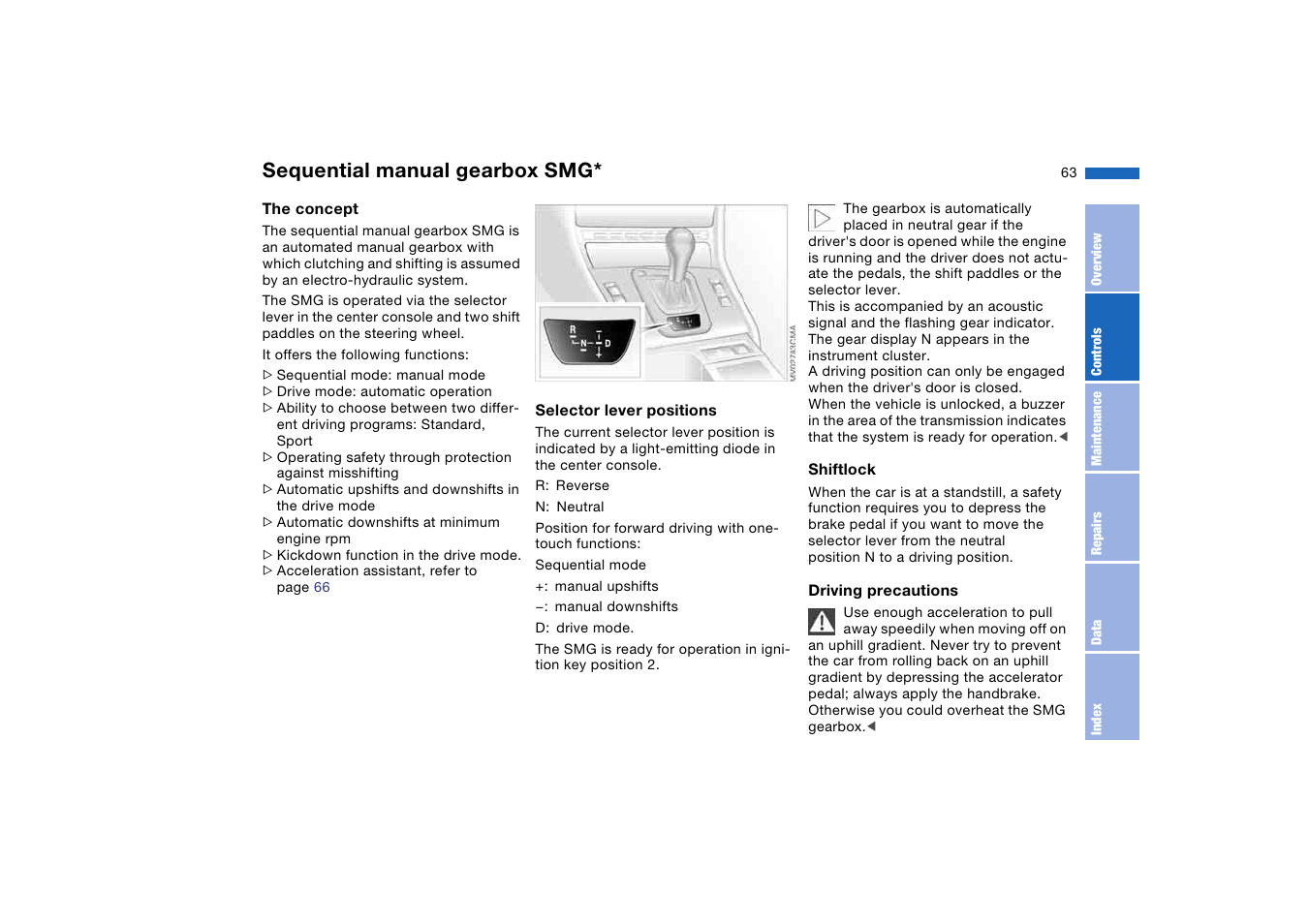 Sequential manual gearbox smg, Sequential manual gearbox | BMW 2006 bmw 325i User Manual | Page 63 / 174