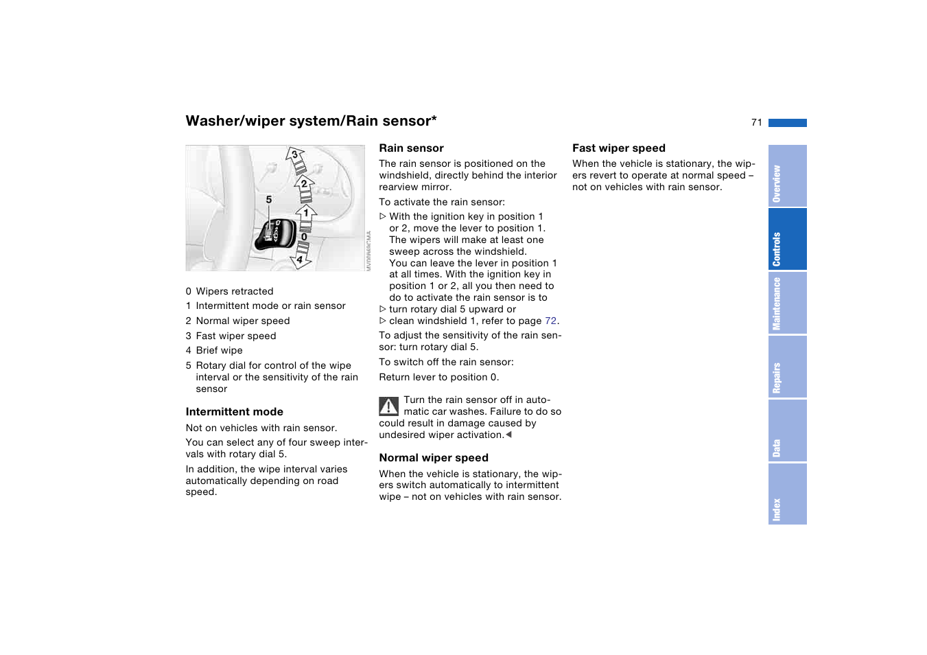 Washer/wiper system, Washer/wiper system/rain, Sensor | Washer/wiper system/rain sensor | BMW 2006 bmw 325i User Manual | Page 71 / 174