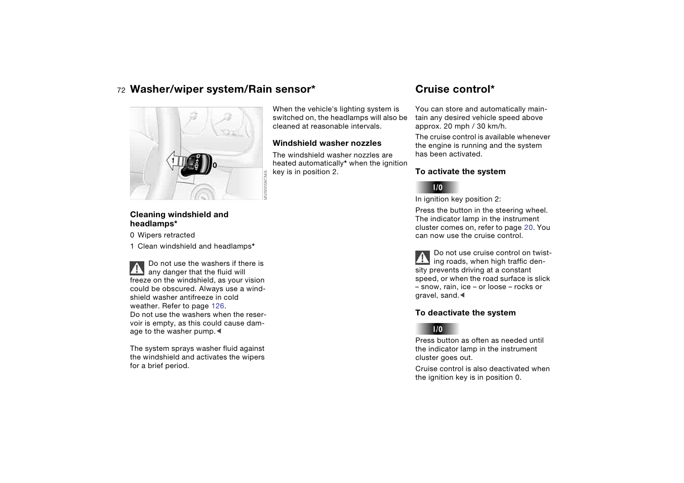 Cruise control, Washer/wiper system/rain sensor | BMW 2006 bmw 325i User Manual | Page 72 / 174