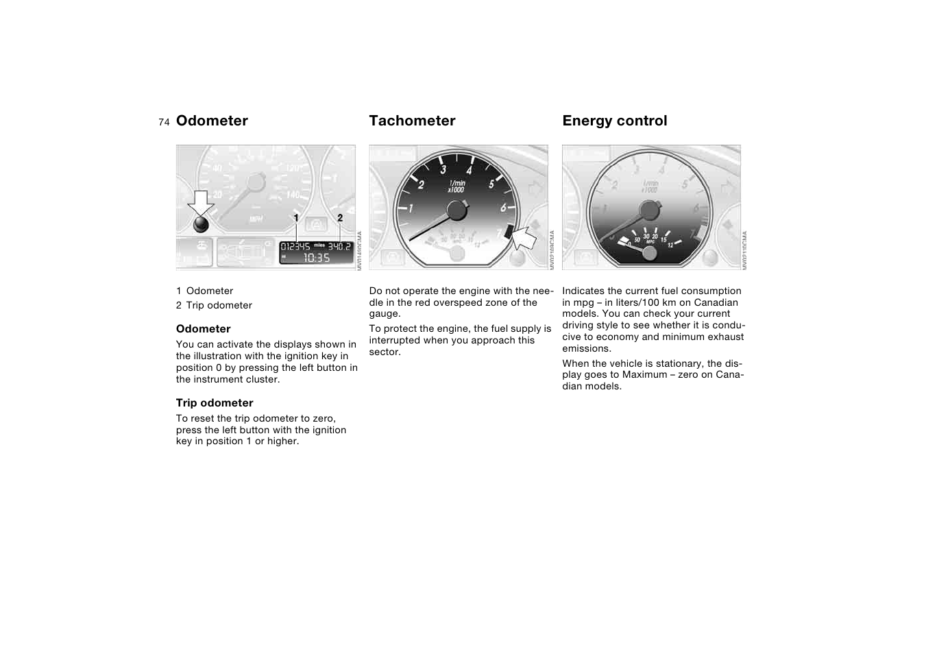 Everything under control, Odometer, Tachometer | Energy control, Trip odometer/odometer | BMW 2006 bmw 325i User Manual | Page 74 / 174